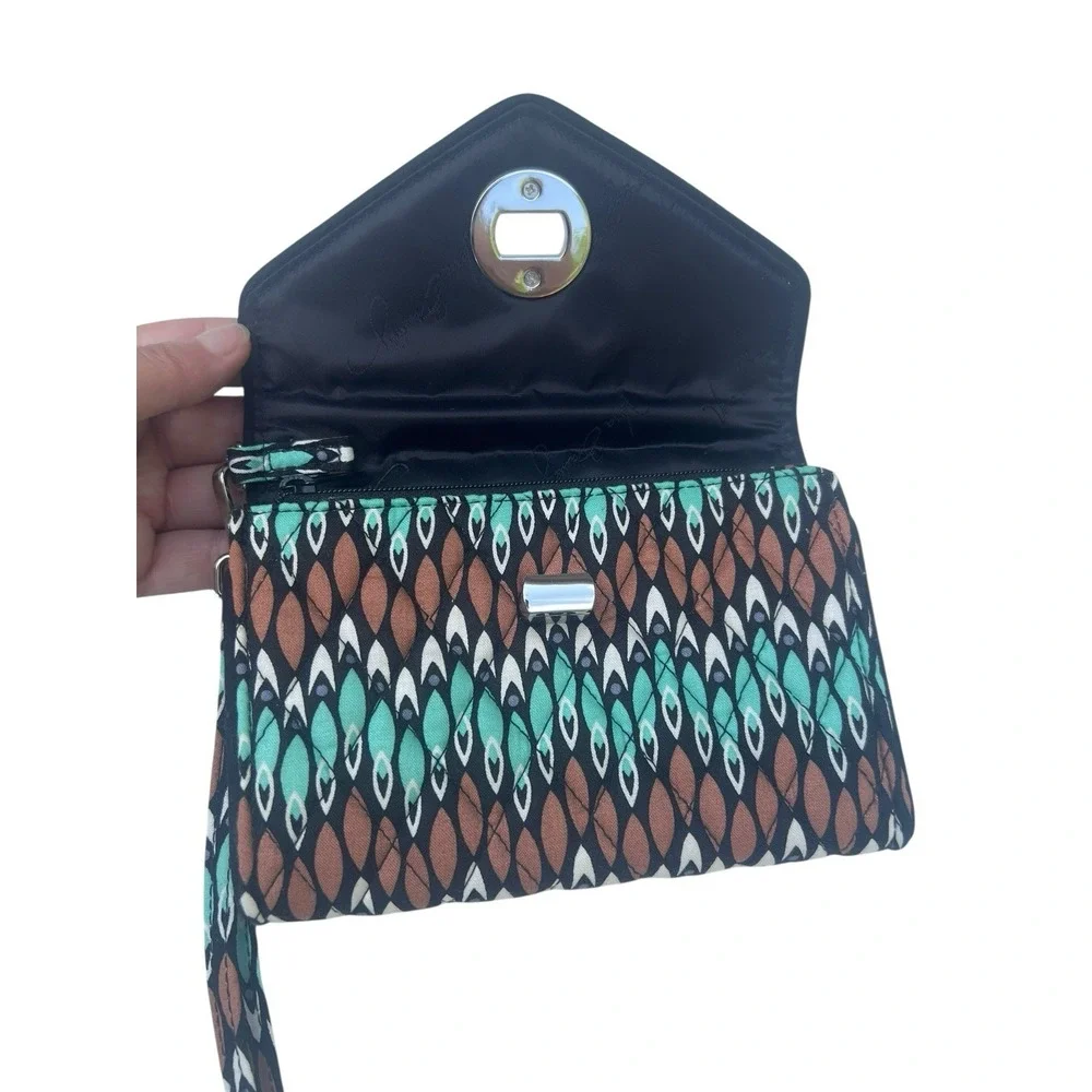 Vera Bradley Sierra Stream Turn Lock Wallet Wristlet Quilted Green Brown Retired - Picture 2 of 8